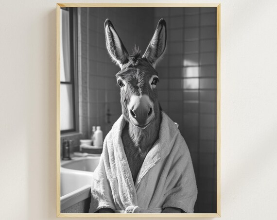 Donkey In A Bathrobe Funny Bathroom Wall Art Quirky Animal Print Funny Donkey Photo Animal Humor Print Donkey Toilet Poster Ai Art