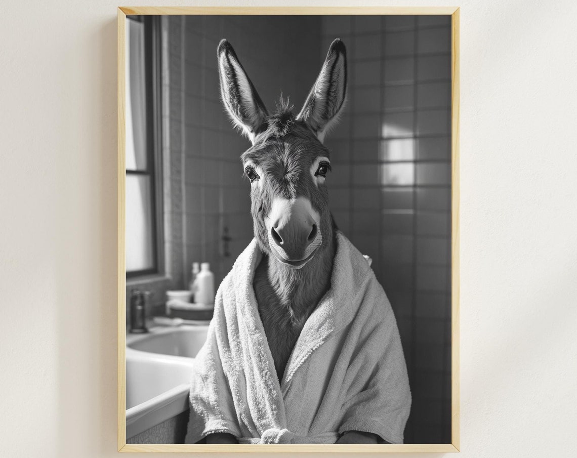 Donkey Wrapped in a Bathrobe in a Black and White Bathroom Poster