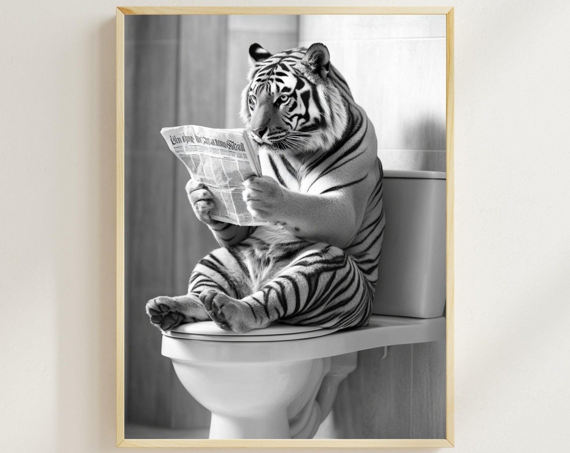 Tiger Reading Newspaper on Toilet Black and White Funny Poster