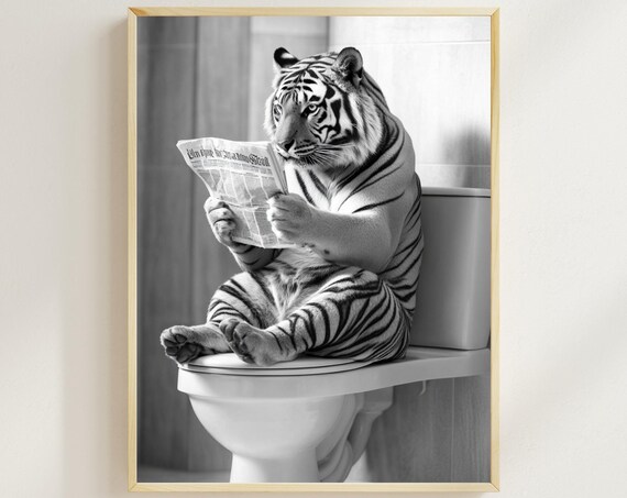 Tiger Reading Newspaper on Toilet Black and White Funny Poster
