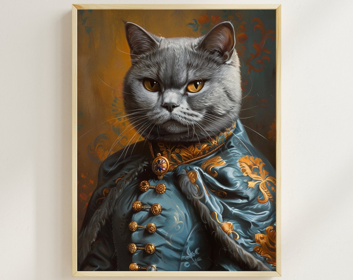 British Shorthair Cat in a Blue Silk Royal Costume Portrait Poster