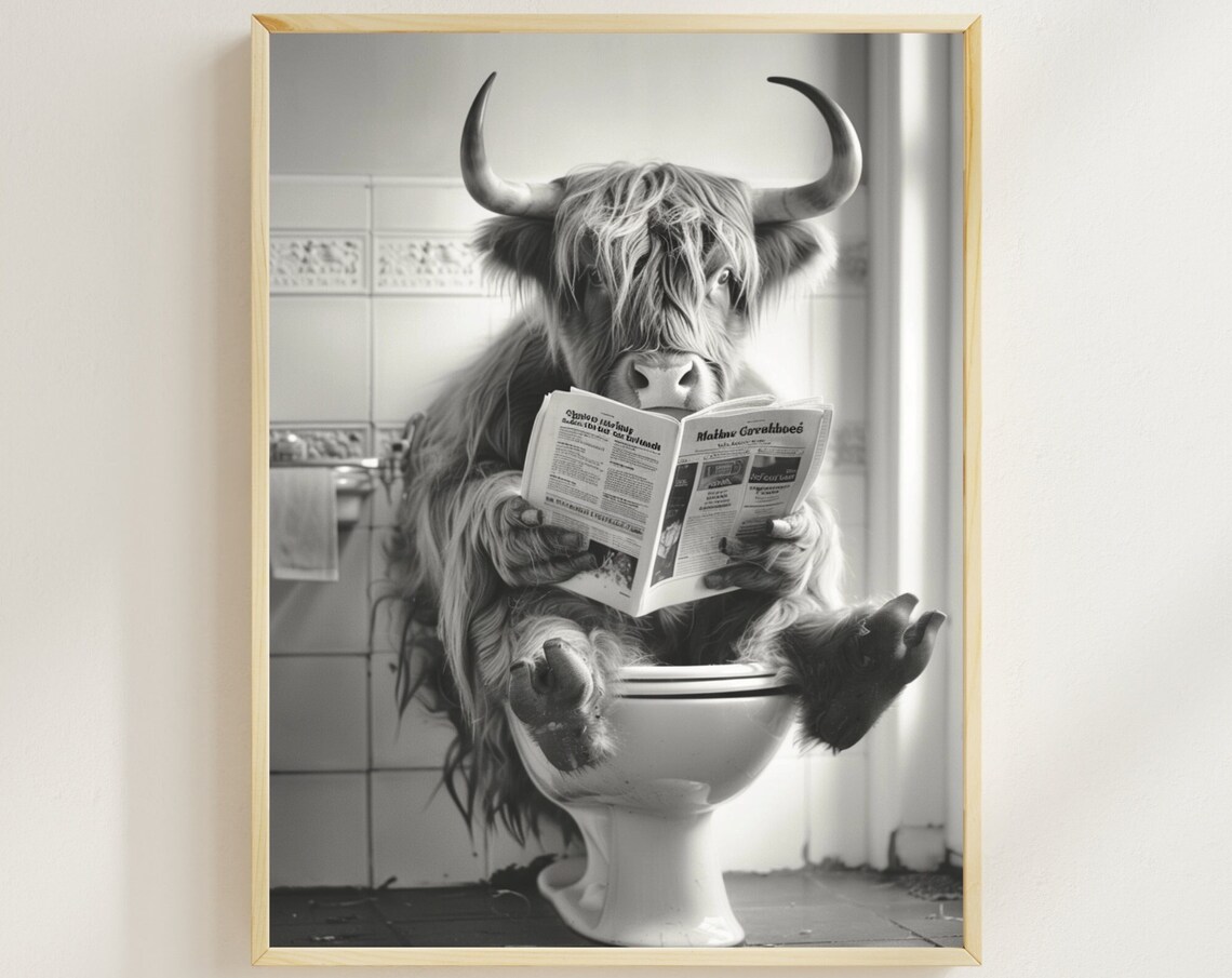 Highland Cow Reading Newspaper on Toilet Black and White Funny Poster