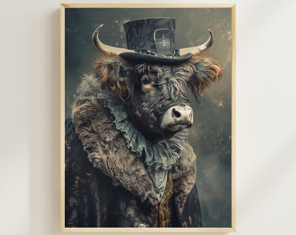 Highland Cow Gentleman in Top Hat and Fur Coat Vintage Animal Poster