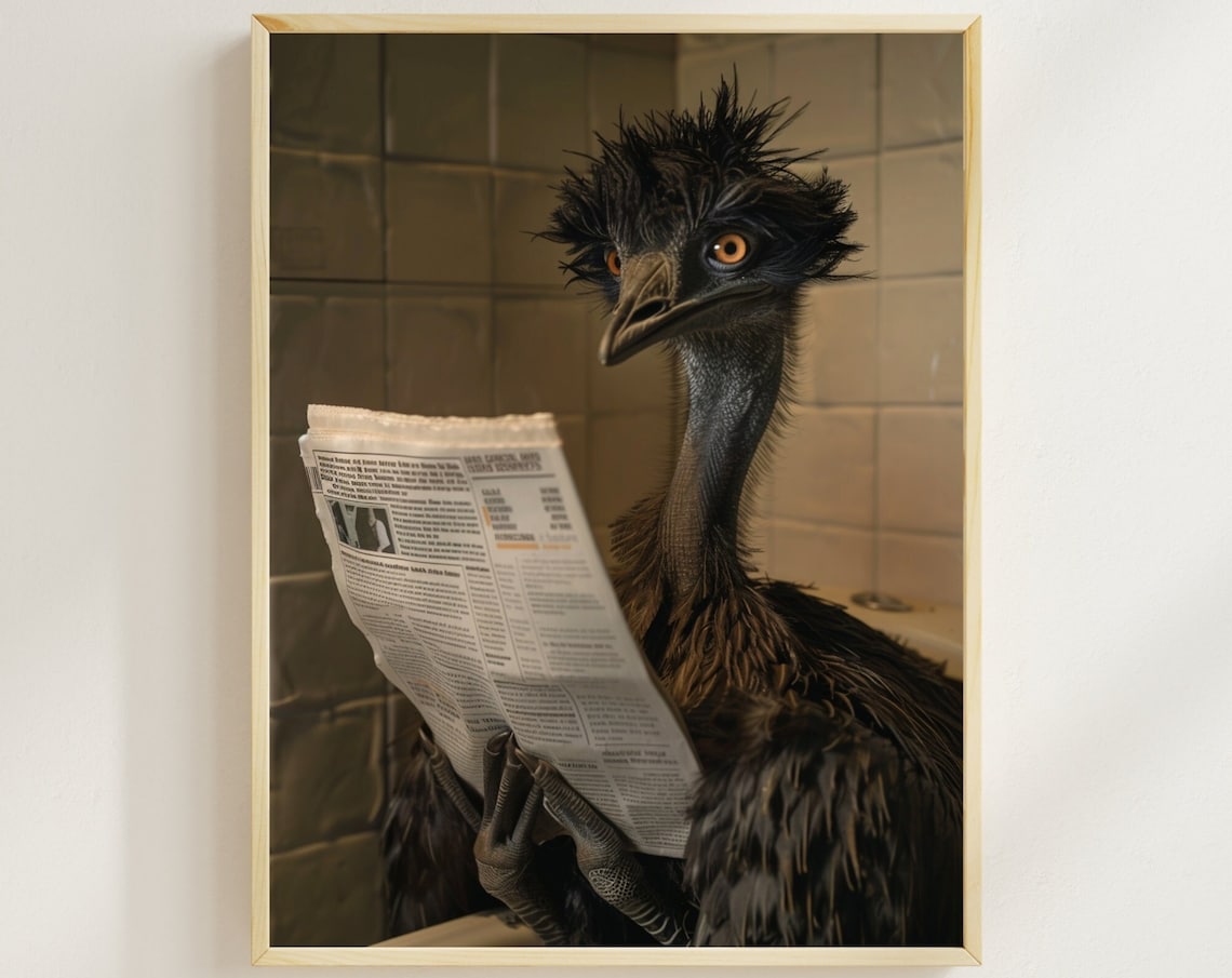 Emu on the Toilet Reading a Newspaper Quirky Funny Bathroom Poster