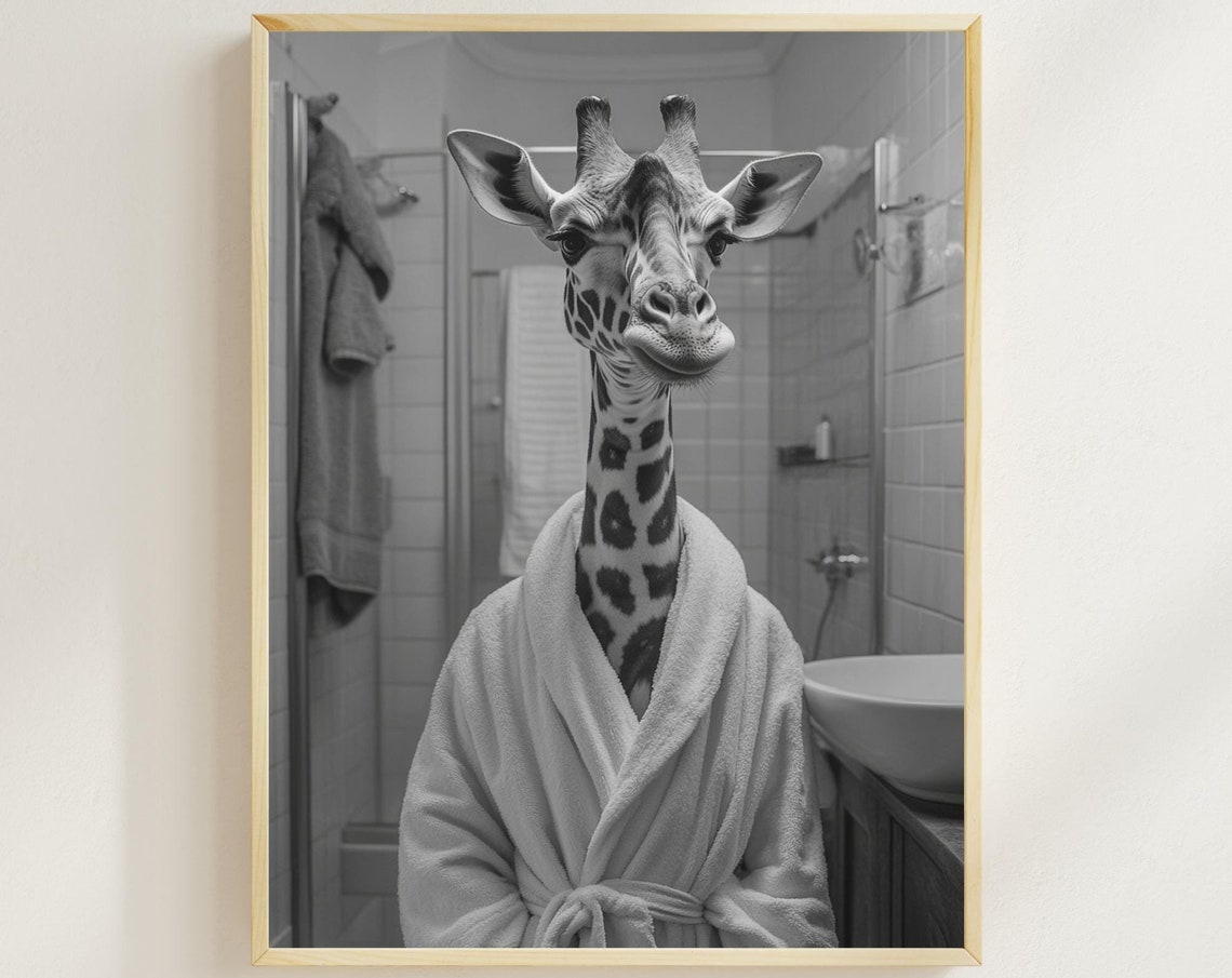 Giraffe in Bathrobe Black White Funny Bathroom Humor Art Poster