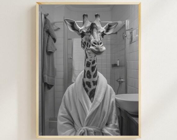 Giraffe in Bathrobe Black White Funny Bathroom Humor Art Poster