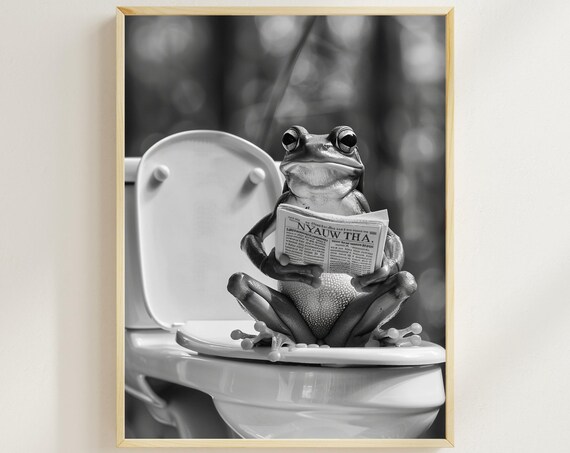 Frog Reading a Newspaper on the Toilet in Black and White Funny Poster