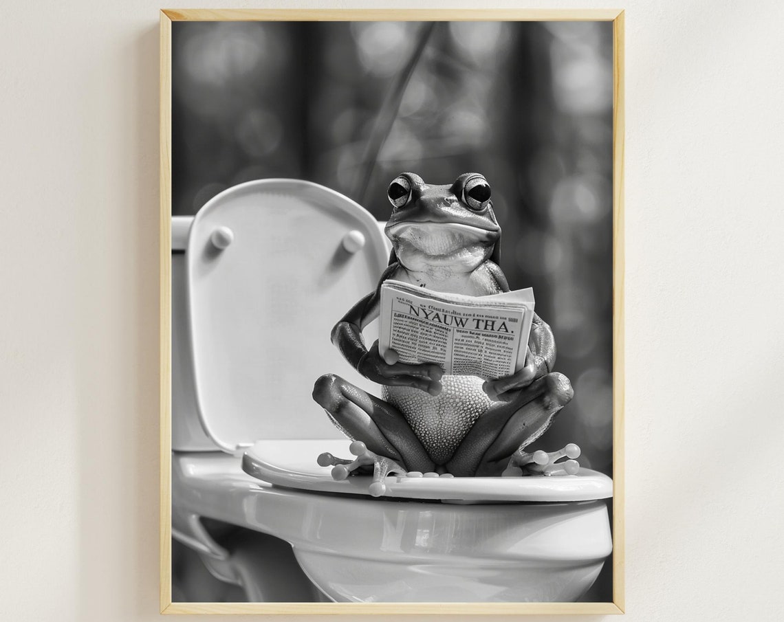Frog Reading a Newspaper on the Toilet in Black and White Funny Poster