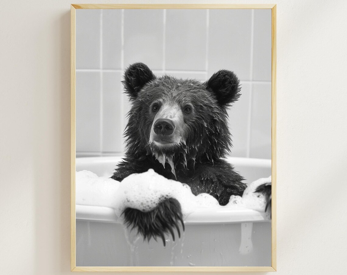 Black Bear Cub Enjoying a Bubble Bath Black and White Funny Poster