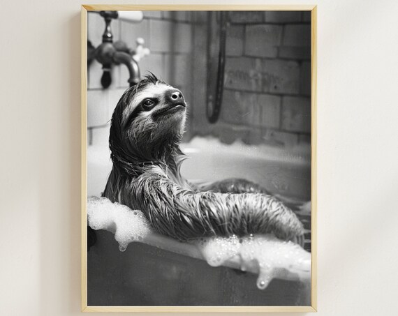 Sloth Relaxing in a Bubble Bath Under a Vintage Faucet Poster