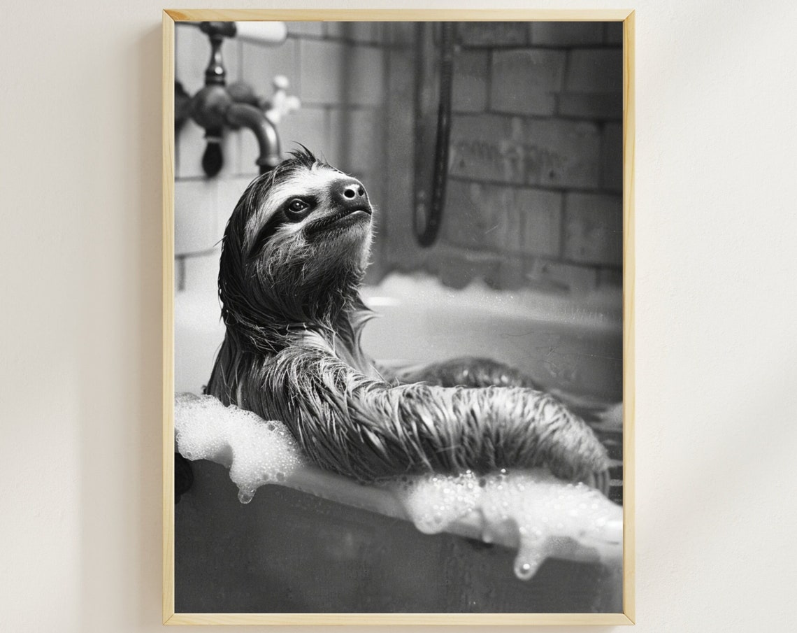 Sloth Relaxing in a Bubble Bath Under a Vintage Faucet Poster
