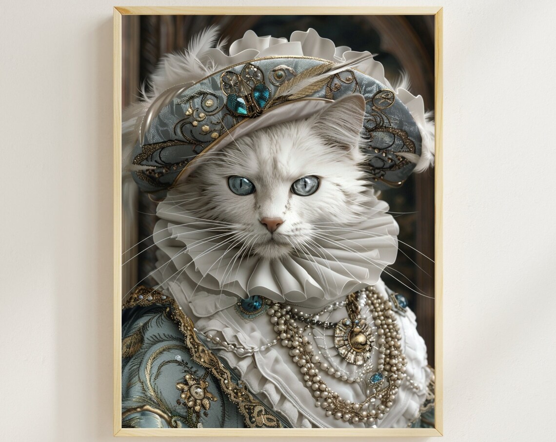 White Longhaired Cat Queen in Ruff Collar and Pearls Portrait Poster