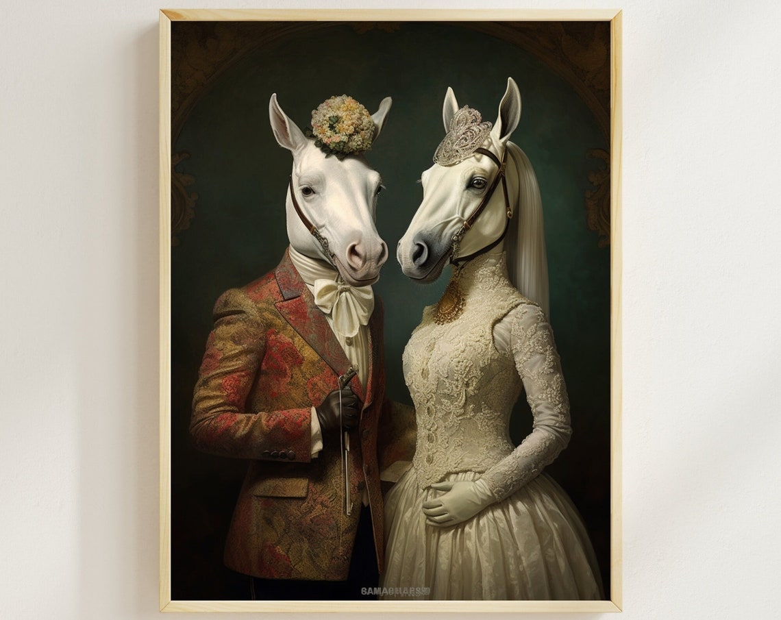 Aristocratic Horse Couple Vintage Horse Painting Funny Animal Wall Art Quirky Animal Art His And Hers Mr And Mrs Horse Renaissance Art