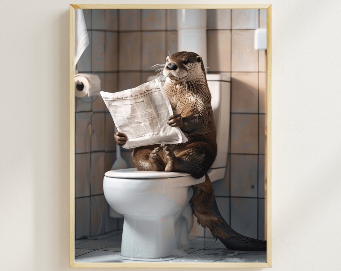 Otter Reading Newspaper on Toilet Funny Colorful Bathroom Poster