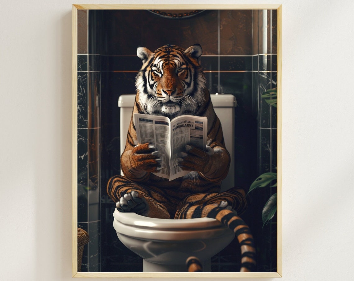 Tiger Reading Newspaper on Toilet Funny Colorful Bathroom Poster