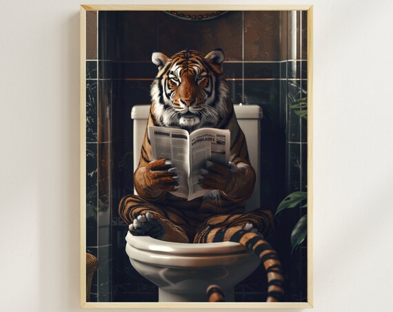 Tiger Reading Newspaper on Toilet Funny Colorful Bathroom Poster