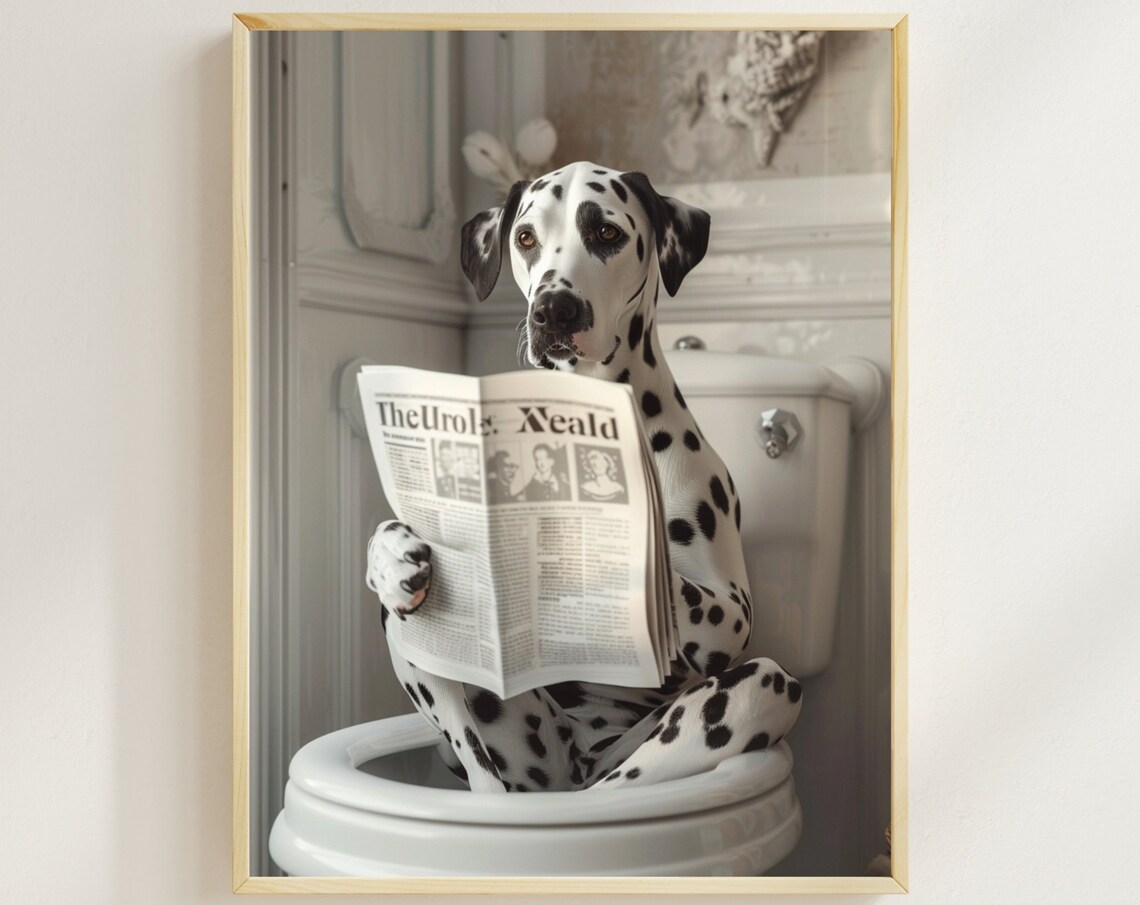Dalmatian Reading Newspaper On Toilet Funny Dog Bathroom Poster Art
