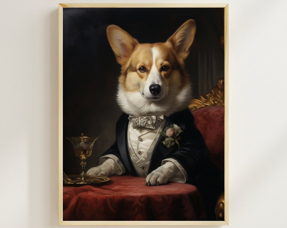 Corgi in Tuxedo at Dinner Table Aristocratic Renaissance Dog Poster