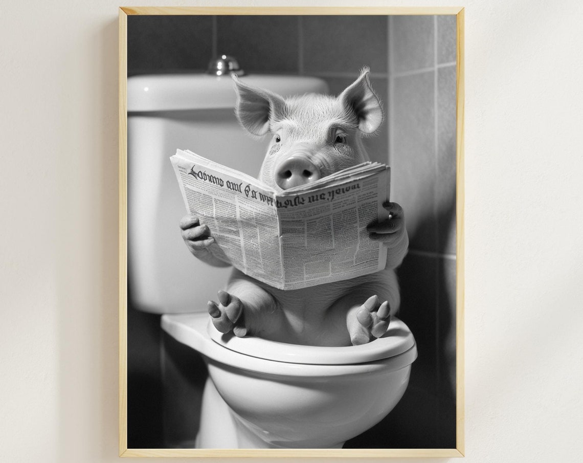 Piglet Reading Newspaper On The Toilet Monochrome Bathroom Poster
