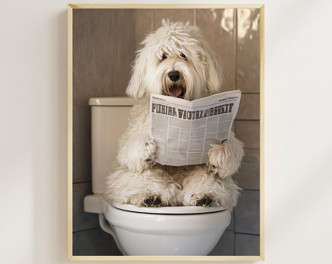 Old English Sheepdog on the Toilet Reading a Newspaper Poster