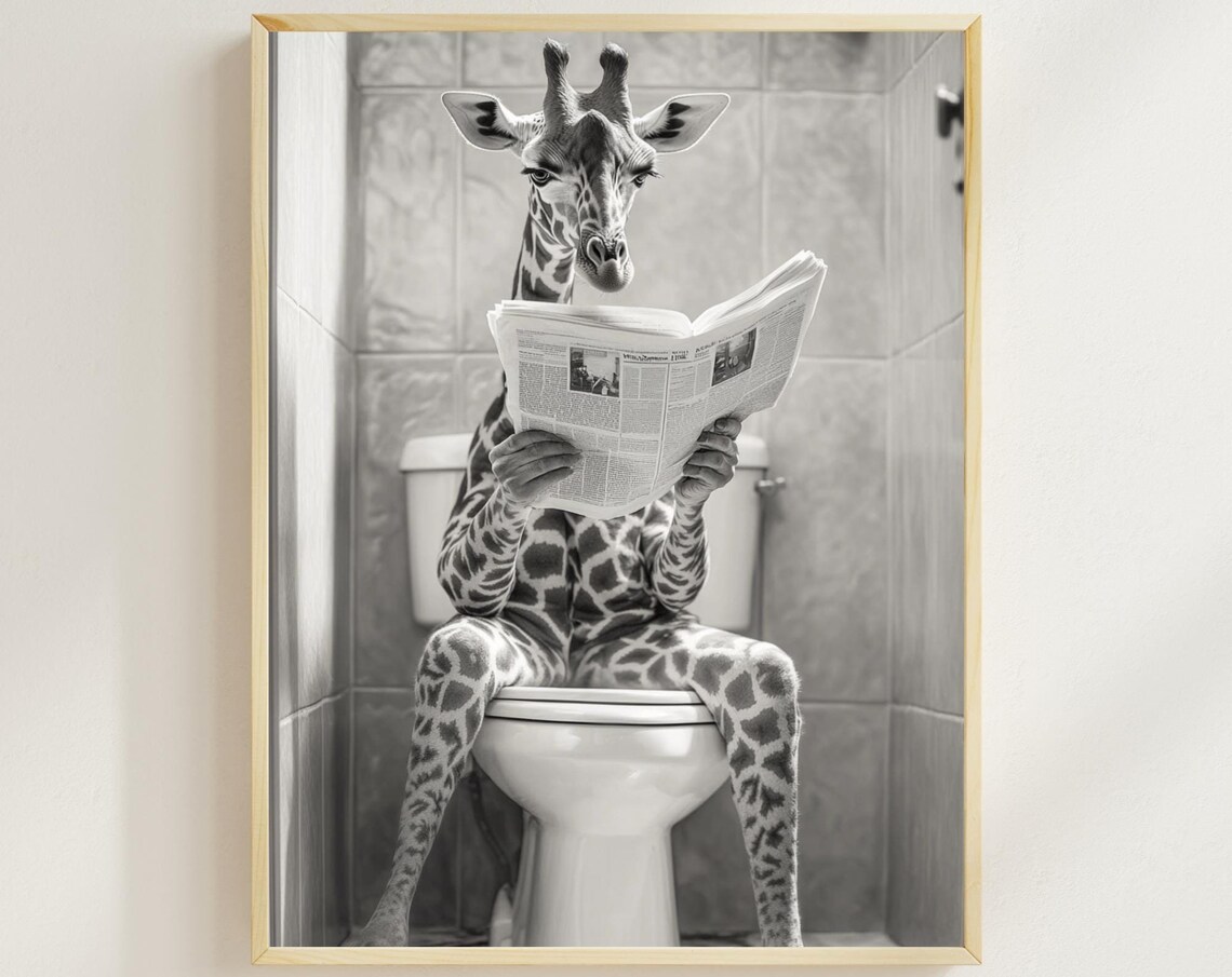 Giraffe Reading a Newspaper on the Toilet Black and White Bathroom Poster