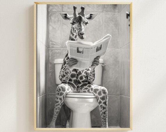 Giraffe Reading a Newspaper on the Toilet Black and White Bathroom Poster