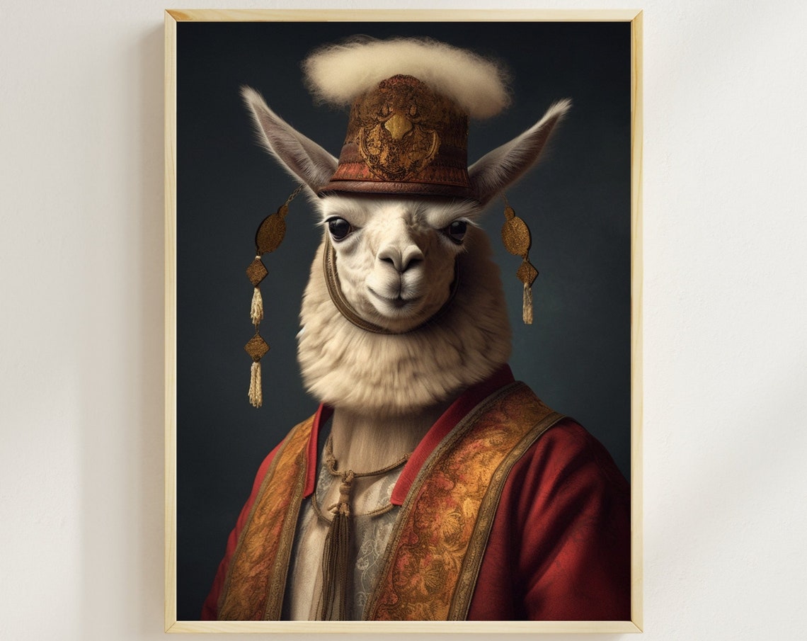 Aristocratic Llama in Red Robe and Gold Embroidered Hat Poster