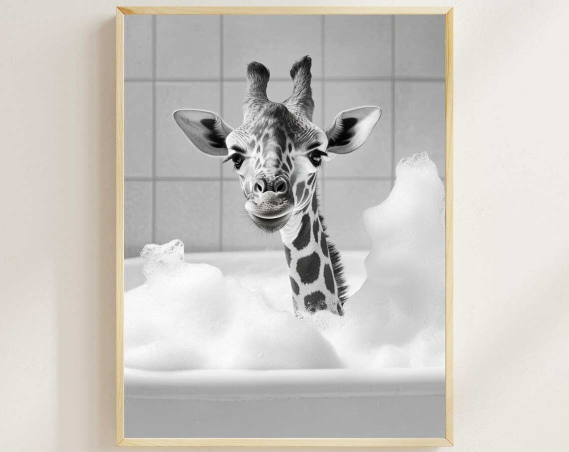 Baby Giraffe Enjoying a Bubble Bath Black and White Funny Animal Poster