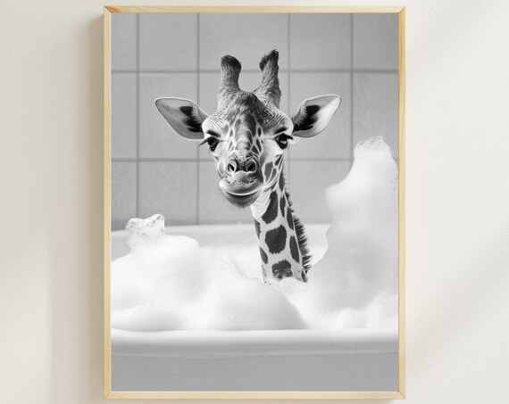 Baby Giraffe Enjoying a Bubble Bath Black and White Funny Animal Poster