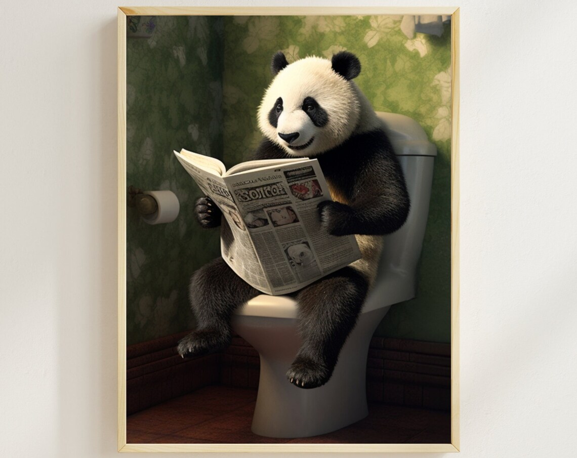 Giant Panda on the Toilet Reading Newspaper Funny Bathroom Poster