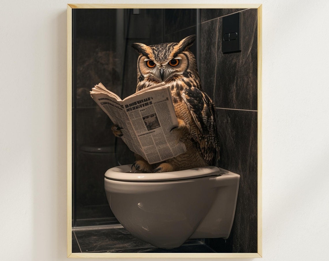 Wise Owl on the Toilet Reading a Newspaper Funny Bathroom Poster