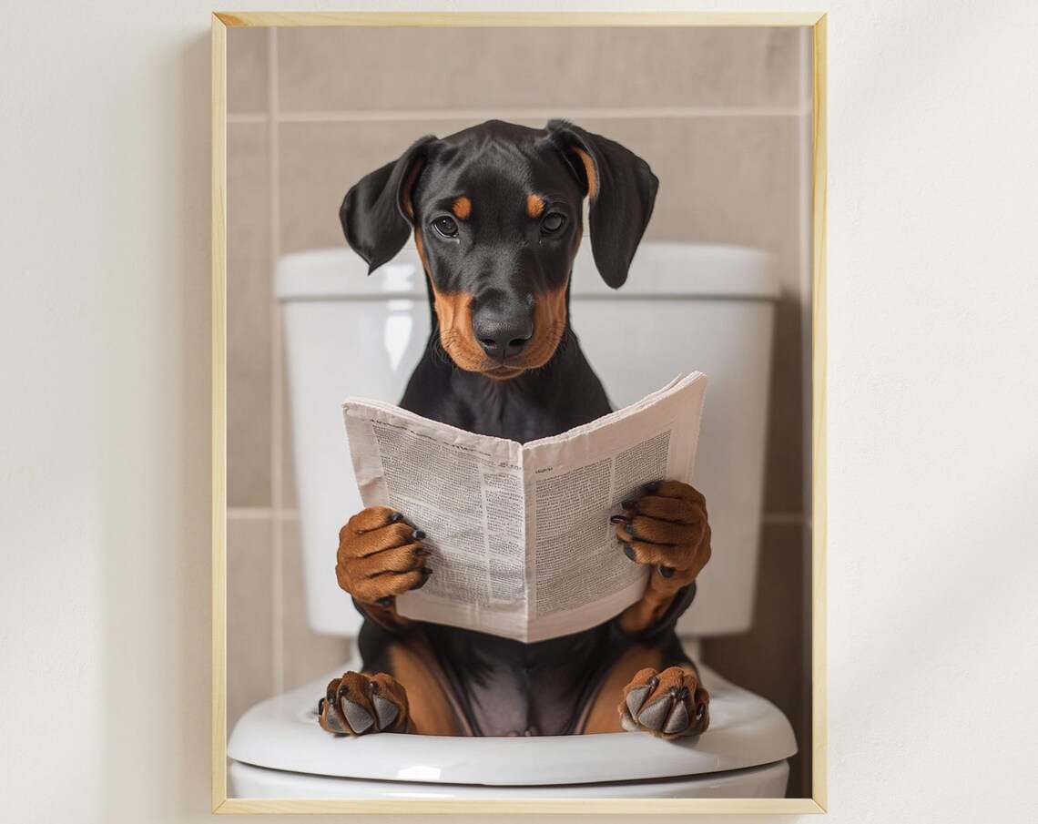 Doberman Puppy Reading a Newspaper on the Toilet Funny Dog Poster