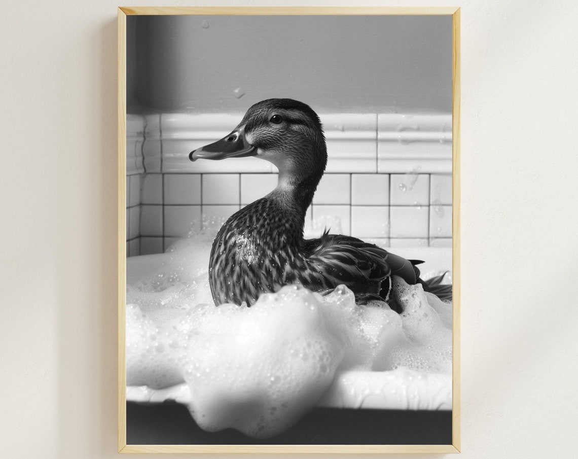 Duck Bubble Bath Funny Black And White Vintage Bathroom Wall Poster