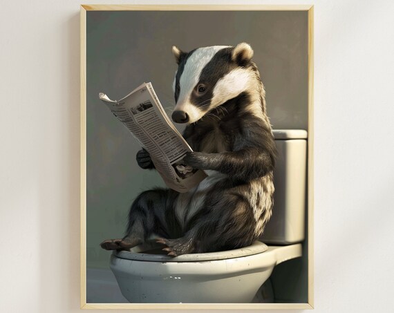 Badger Sitting On The Toilet Reading A Newspaper Funny Bathroom Wall Decor Bathroom Humor Funny Quirky Animal Print Ai Art