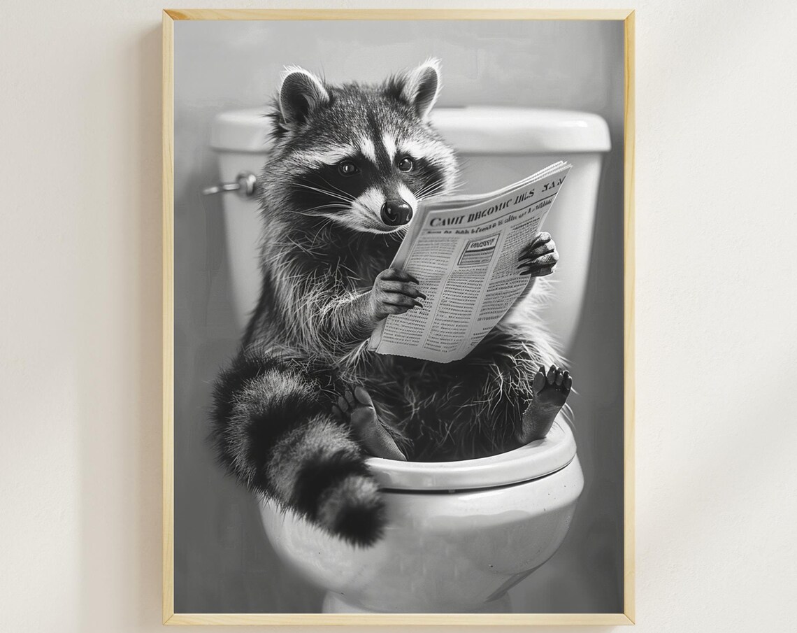 Funny Raccoon Sitting on Toilet Reading Newspaper Bathroom Poster