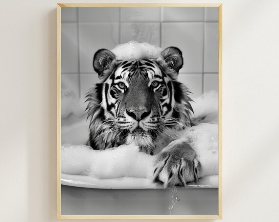 Tiger Bubble Bath Funny Black And White Wild Animal Bathroom Poster