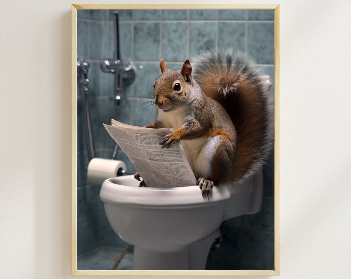 Squirrel on the Toilet Reading Newspaper Funny Bathroom Poster