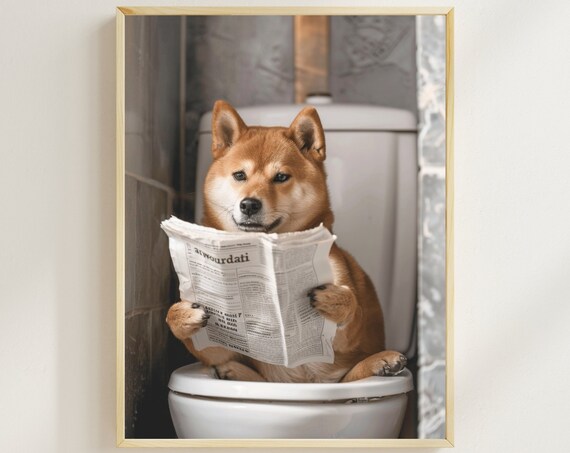 Shiba Inu Sitting On The Toilet Reading A Newspaper Funny Bathroom Humor Wall Decor Funny Animal Print Shiba Inu Print Ai Art