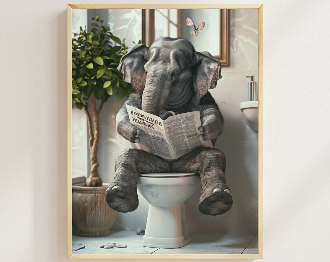Elephant Reading a Newspaper While Sitting on the Toilet Funny Poster