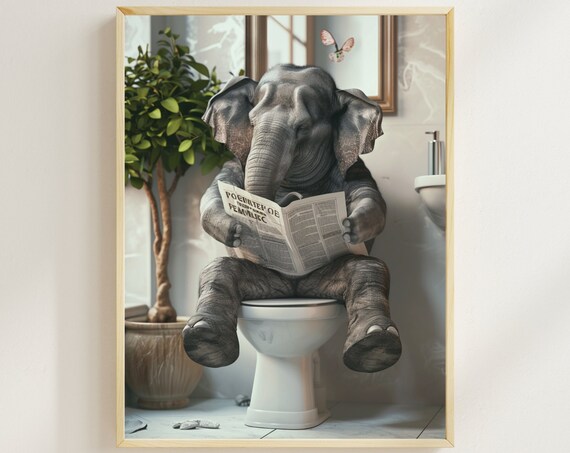 Elephant Reading a Newspaper While Sitting on the Toilet Funny Poster