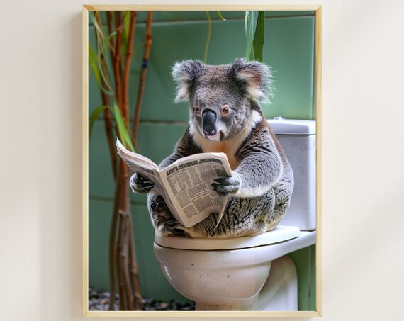 Koala on the Toilet Reading a Newspaper Funny Bathroom Poster
