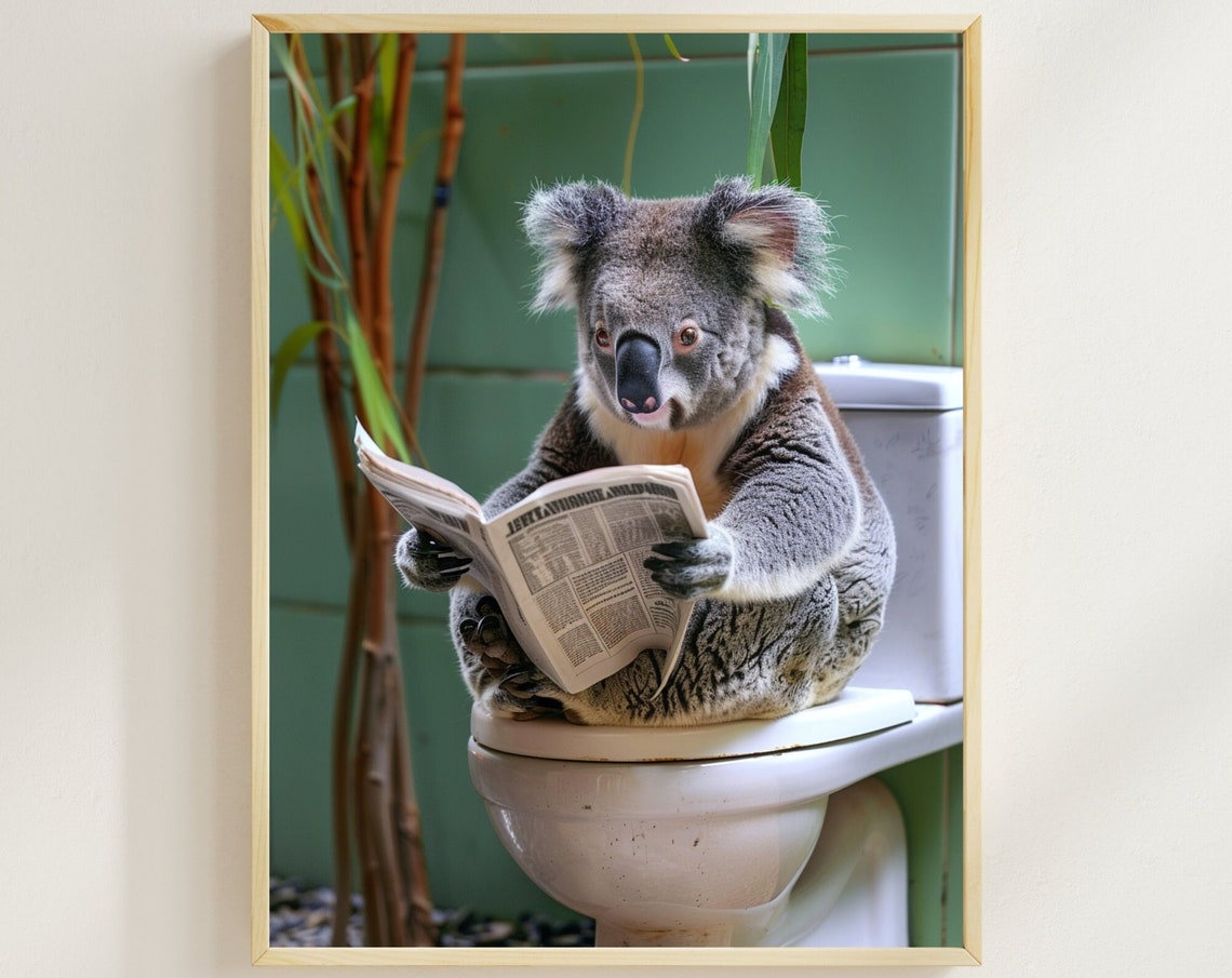 Koala on the Toilet Reading a Newspaper Funny Bathroom Poster