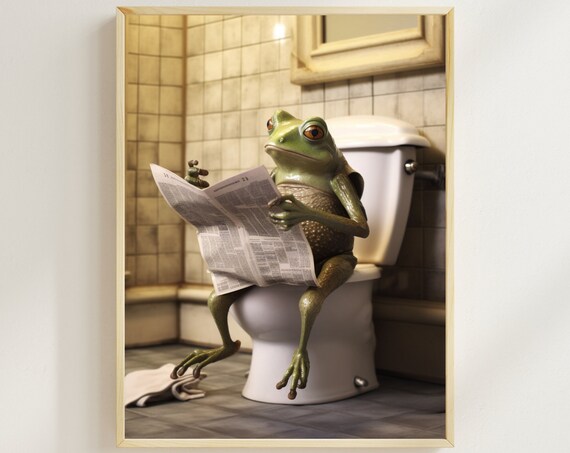 Frog on the Toilet Reading a Newspaper Funny Bathroom Poster