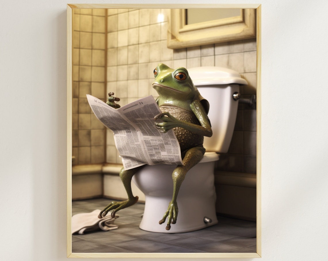 Frog on the Toilet Reading a Newspaper Funny Bathroom Poster
