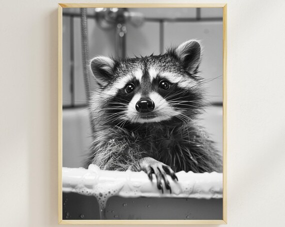 Quirky Raccoon Taking a Bubble Bath in Black and White Poster
