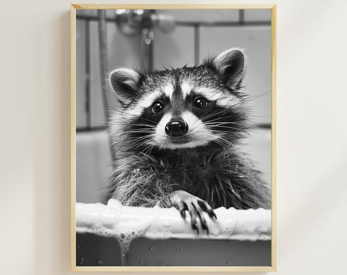 Quirky Raccoon Taking a Bubble Bath in Black and White Poster