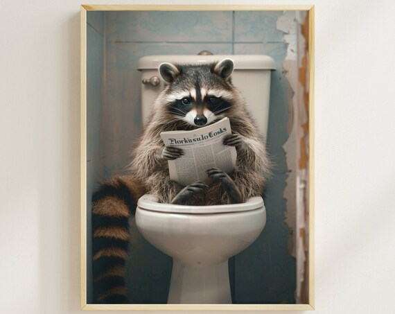 Raccoon on the Toilet Reading Newspaper Funny Bathroom Poster