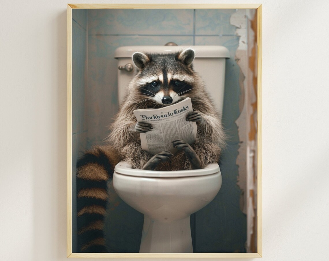 Raccoon on the Toilet Reading Newspaper Funny Bathroom Poster