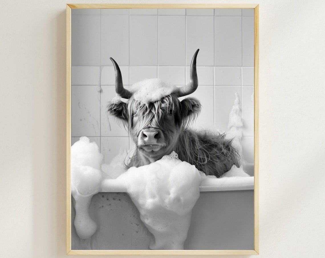Highland Cow Enjoying a Bubble Bath With a Foam Hat Black White Poster
