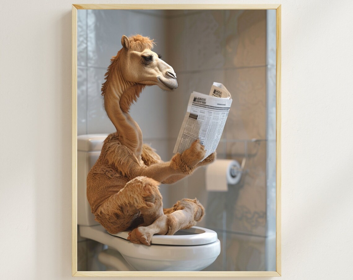 Camel Reading Newspaper On The Toilet Funny Bathroom Humor Poster
